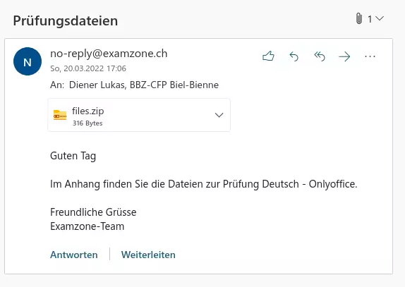 E-Mail mit den Prüfungsdateien