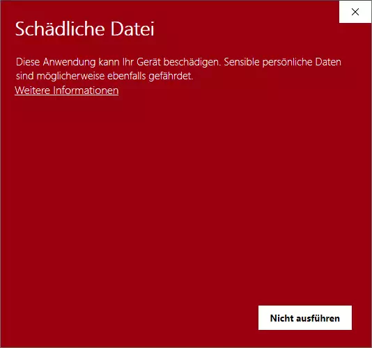 Rotes Smartscreen-Fenster, das anzeigt, dass die Software blockiert wurde